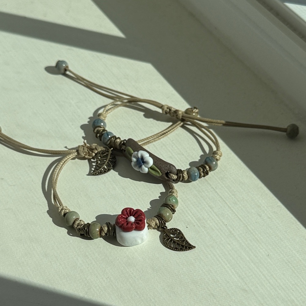 Bohemian natural stone and clay Floral Charm Bracelet Set